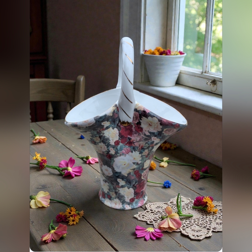 Vintage Formalities by Baum Bros. "Winifred's Roses" Chintz Basket Vase